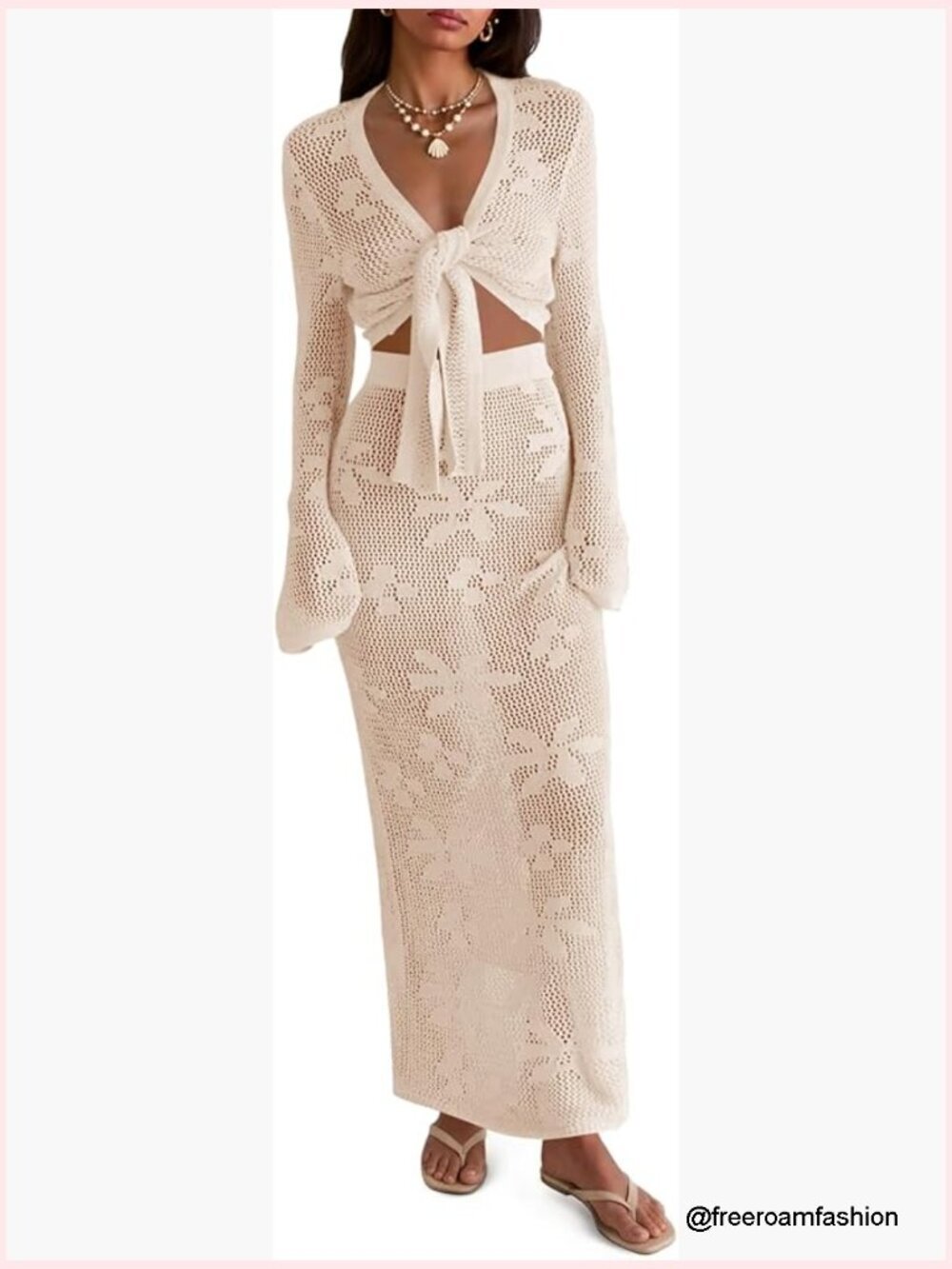 Crochet Swim Cover Up 2 Piece V Neck Long Sleeve Wrap Tie Crop Tops Beach Boho